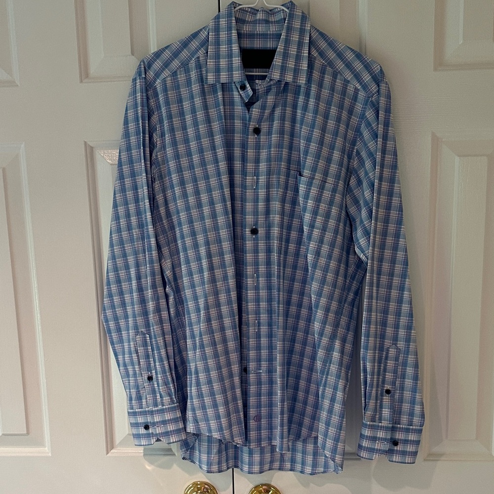 David Donahue Light Blue Plaid Button Down Shirt